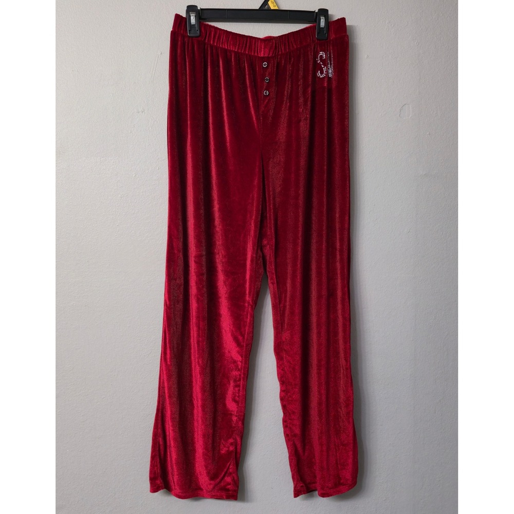 Steve Madden Red Velvet Pajama Pants Wide Leg Rhinestone Logo Loungewear L
